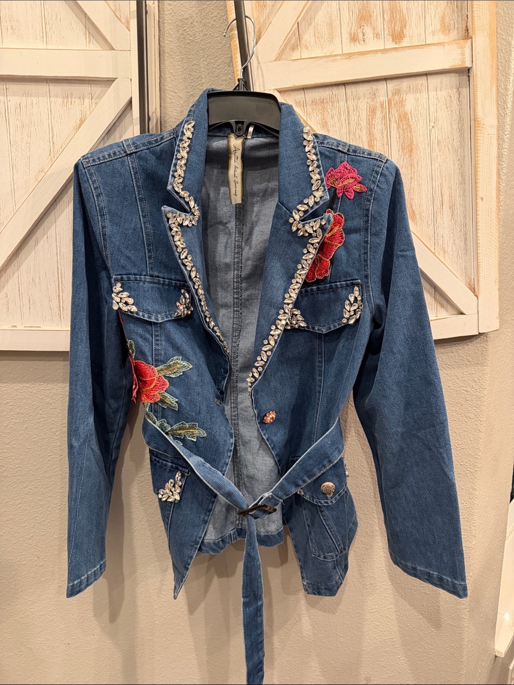 Aratta Embellished Blue Denim Jacket with Red Floral Appliqué nwt med